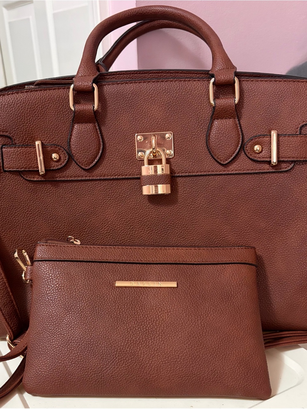 Dasein Brown Leather Tote with Matching Pouch